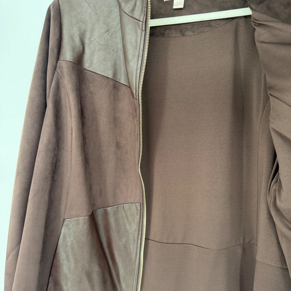 Belle Kim Gravel Womens 1X Brown Patchwork Faux Leather Suede Bomber Jacket QVC‎ - Picture 5 of 8